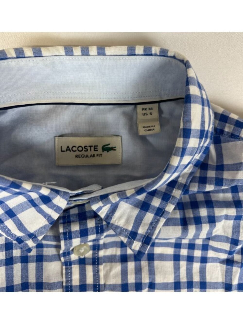 Lacoste Men's Size S Blue White Check Plaid Long Sleeve Button Down Shirt - Picture 3 of 7